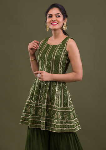 Multi Colour Mehndi Cotton Silk Readymade Anarkali Salwar Suit -